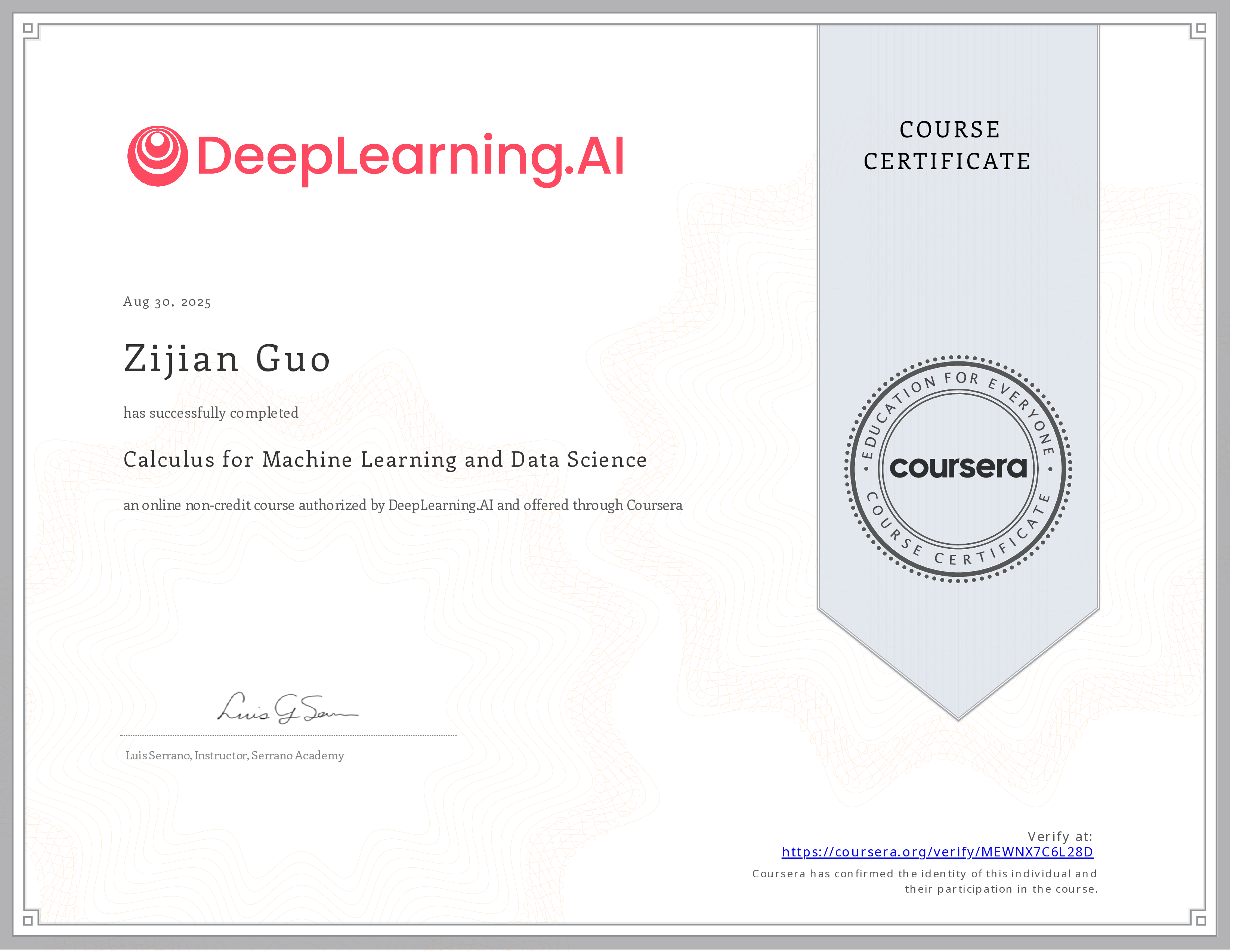 Calculus for Machine Learning and Data Science certificate