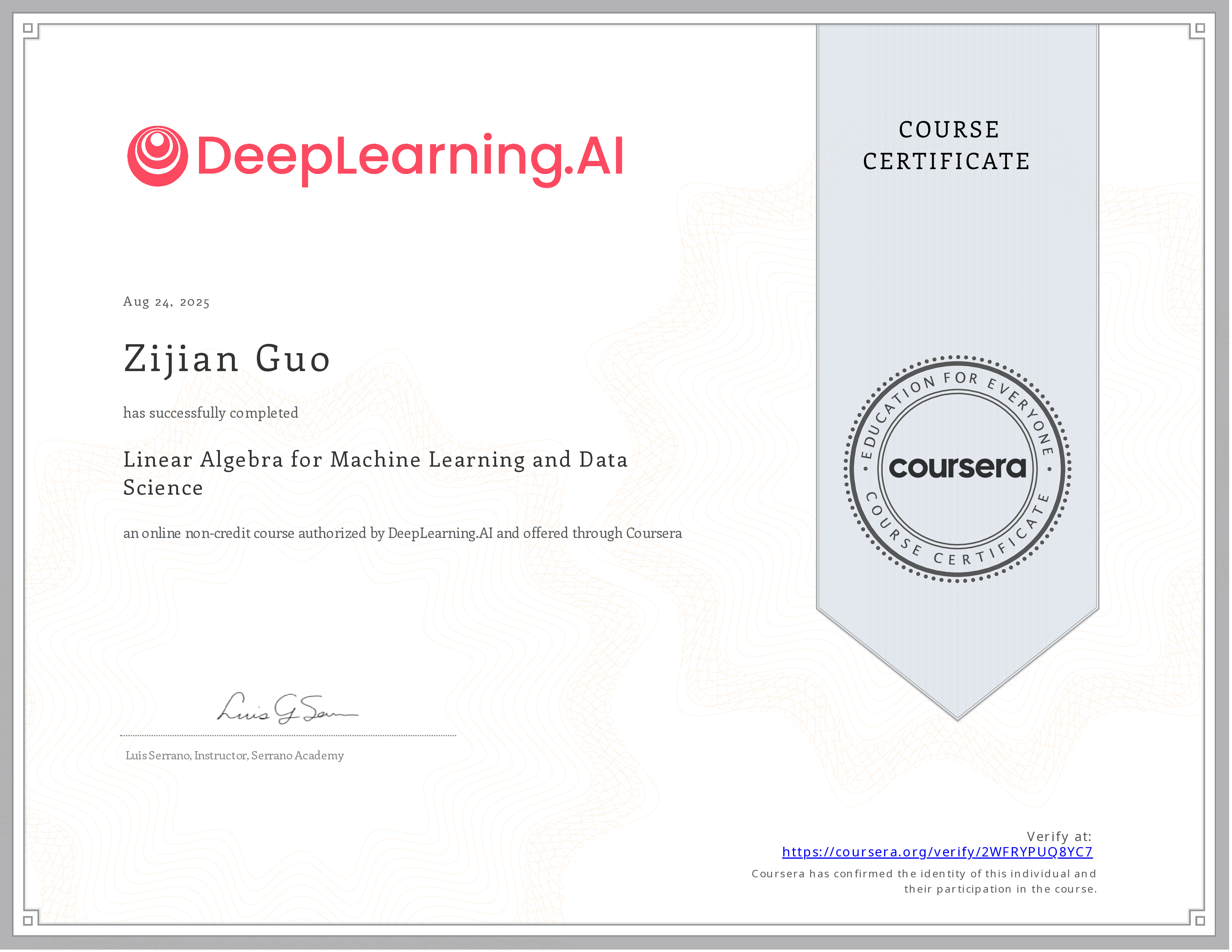 Linear Algebra for Machine Learning and Data Science certificate